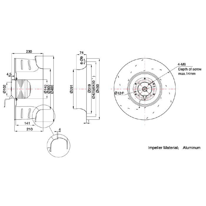Вентилятор центробіжний MAER 450мм YDWF102L70P4-B450X210 (220В, 6291м3/год, IP54) в Києві і Україні.| MAER