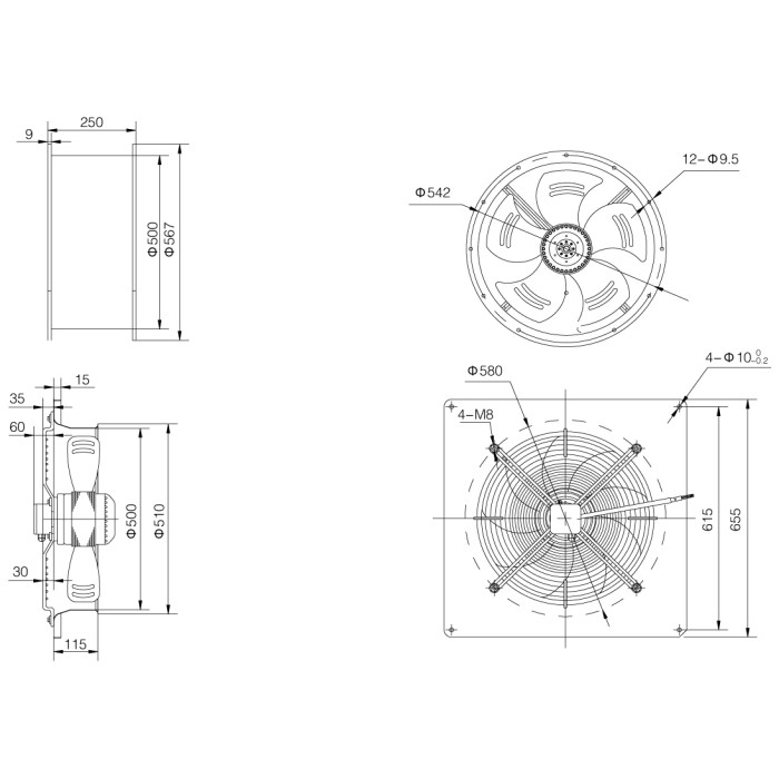 YWF 4D-500-B-137/35-B Вентилятор осьовий 500мм Weiguang (380В, 6570м3/год, IP54) в Києві і Україні.| Weiguang